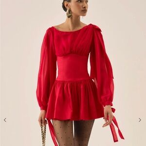 For Love & Lemons blouson sleeve mini dress with bow cuffs in red